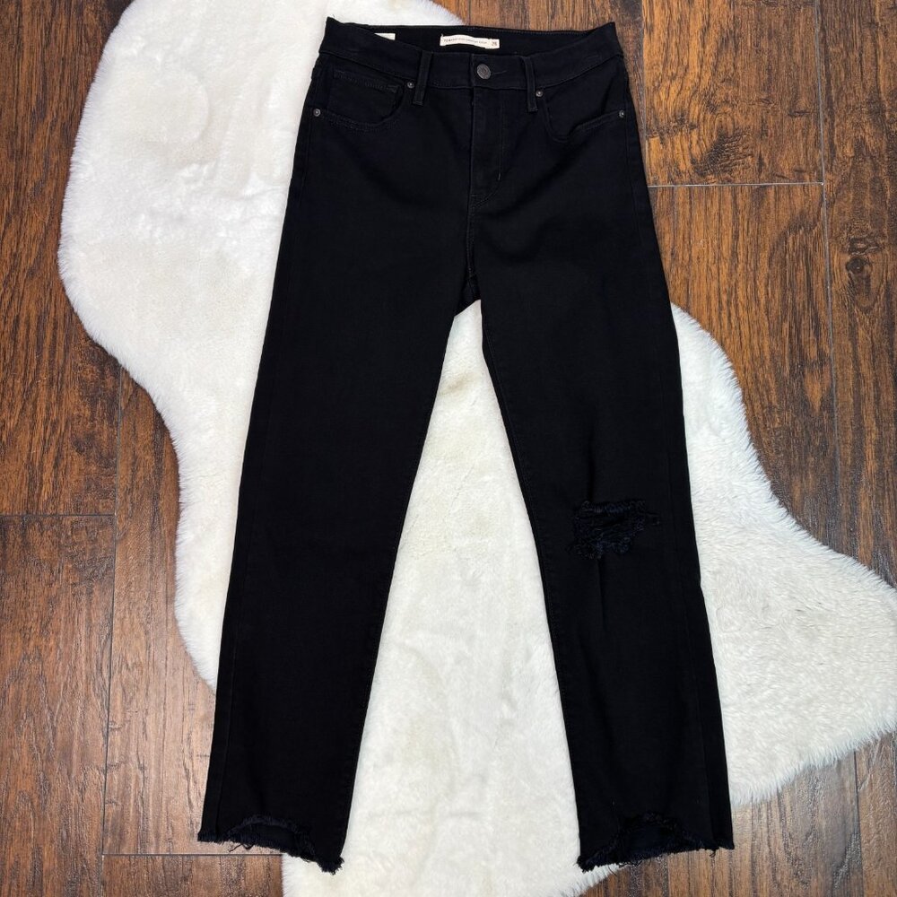 Levi's Premium Jeans 724 High-Rise Straight Crop 26 Black Ripped Stretch Women's